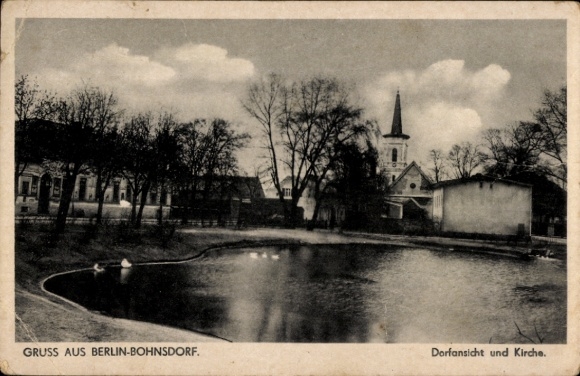 Postcard Berlin Treptow Bohnsdorf, village view with church