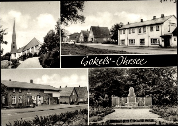 Ak Ohrsee Gokels in Sleeswijk-Holstein, kerk, herberg, oorlogsmonument