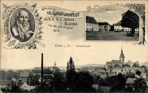 Ak Elstra in der Oberlausitz Sachsen, 15. Gauturnfest, Panorama, Marktplatz, Turnvater Jahn