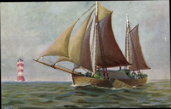 Artist Postcard Rave, Chr., Marine Gallery 263, Two-masted Weser barge Dorothea, Present time, Lighthouse