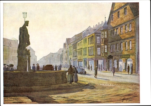 Kunstenaar Ak Schmitz, Hans, Bayreuth in Opper-Franken, Maxstraße met Neptunusfontein