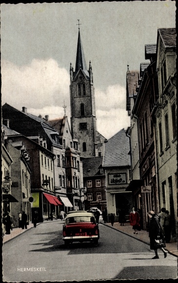 PC Hermeskeil in Rhineland-Palatinate, street area, church, shops