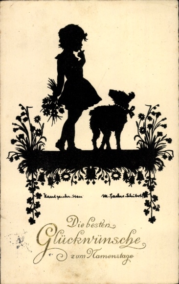 Scherenschnitt Ak Sachse Schubert, M., Glückwunsch Namenstag, Mädchen, Hund