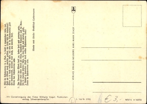 Song Postcard Sponge song, the sun rises early, and it&#39;s Watter aah schie, Wilhelm Vogel, Erzgebirge