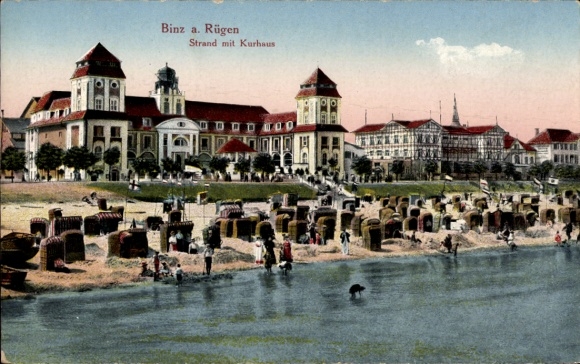 Postcard Binz on Rügen, view from the water to the beach with spa house