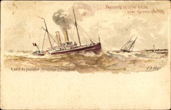 Postal stationery artist Chromo-Litho Belgium, ferry Princesse Clementine, line Ostend Dover