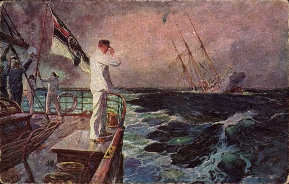Künstler Ak Bohrdt, Hans, Der letzte Gruß, Kapitänleutnant Hellmuth von Mücke, SMS Emden, SMS Ayesha