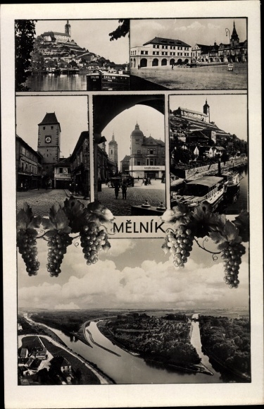 Postcard Mělník Central Bohemia, panorama, market square, steamboat