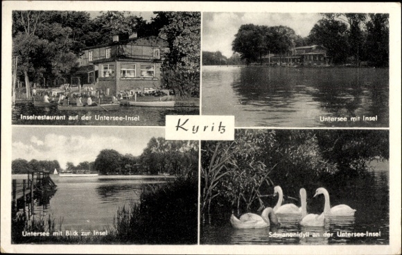 Postcard Kyritz in the Prignitz, island restaurant, Untersee with island, view to the island, swan idyll