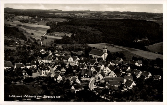 Postcard Mainhardt in Württemberg, climatic health resort aerial view, many houses, church, landscape