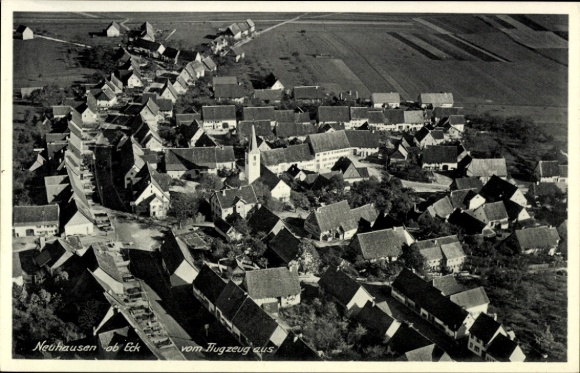 Postcard Neuhausen ob Eck Baden Württemberg, aerial view of many roofs, quiet landscape