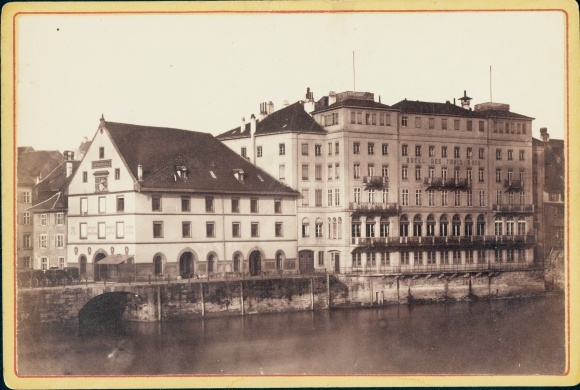 Cabinet Photo Basel Bâle Stadt Schweiz, Rhine Bridge with Klein Basel, Hotel, 1880