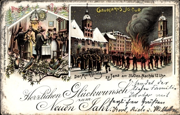 Chromo-Litho Jena in Thuringia, Gaudeamus Igitur, market square on December 31 midnight, fire