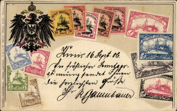Embossed stamps Postcard German South West Africa, coat of arms, Ottmar Zieher