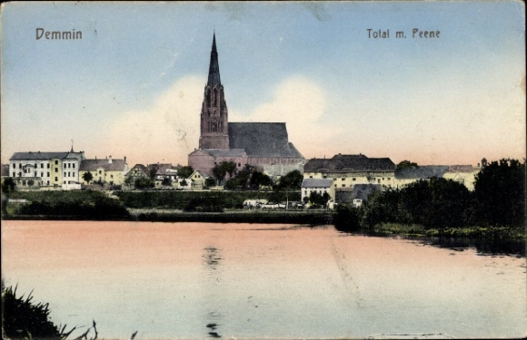 Ak Demmin in Vorpommern, stadsgezicht, kerk, Peene