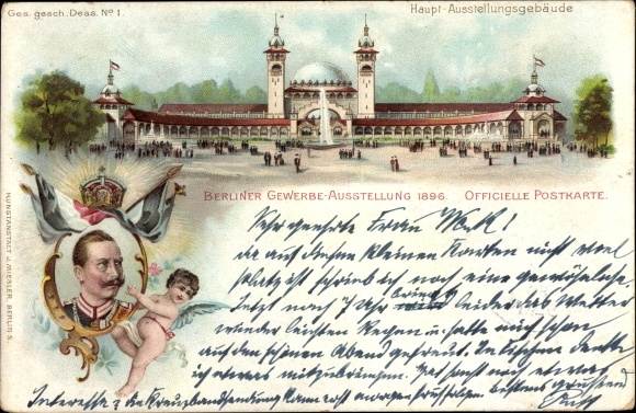 litho Berlin Treptow, handelstentoonstelling 1896, hoofdgebouw, engel, kroon, vlaggen, portret