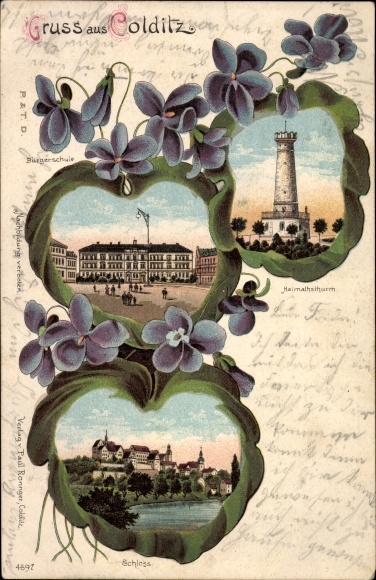 Violet leaf Passepartout Chromo-Litho Colditz in Saxony, public school, home tower, castle