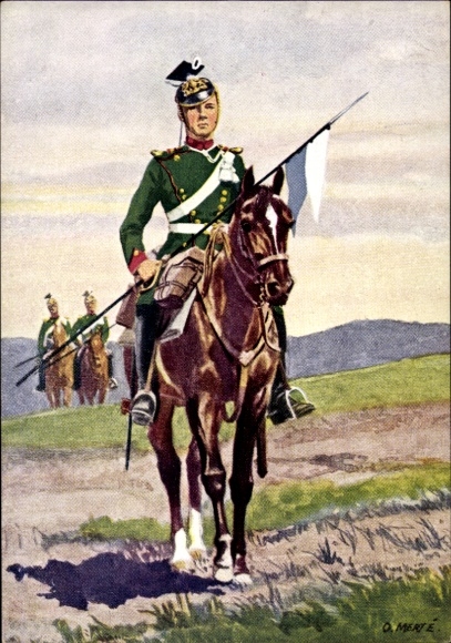 Artist Postcard Merté, Oskar, 1st Uhlan Regiment Kaiser Wilhelm II, King of Prussia