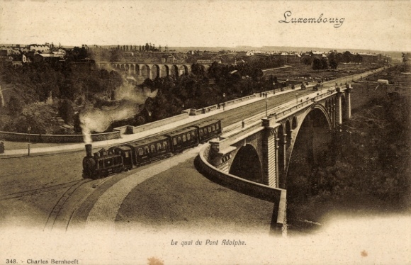 Postcard Luxembourg, Pont Adolphe, railway, steam locomotive