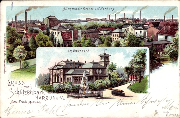 Ak Hamburg Harburg, Blick von der Veranda auf  Schützenpark, Wasserfontäne, Gebäude