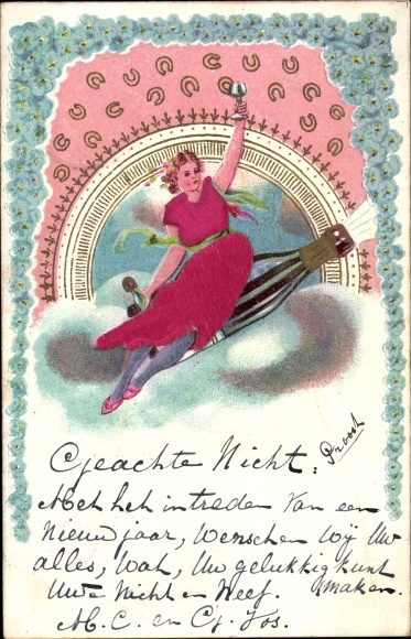Embossed fabric litho woman on a champagne bottle, champagne glass, horseshoe