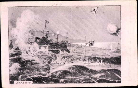 Postcard Russian Japanese War, battleships in combat, battle scene, Combat naval