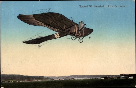 Postcard Kuk Luftwaffe I. WK, Austrian Etrich Taube in action, Wiener Neustadt