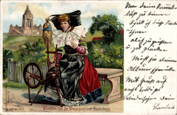 Litho Frau in Volkstracht mit Spinnrad, Schaumburg Lippische Landestracht