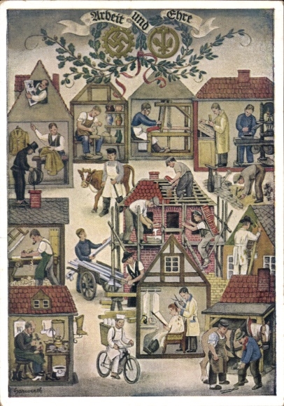 Artist Postcard Reichshandwerkertag 1936, Work and Honor, Hairdresser, Baker, Potter, Chimney Sweep