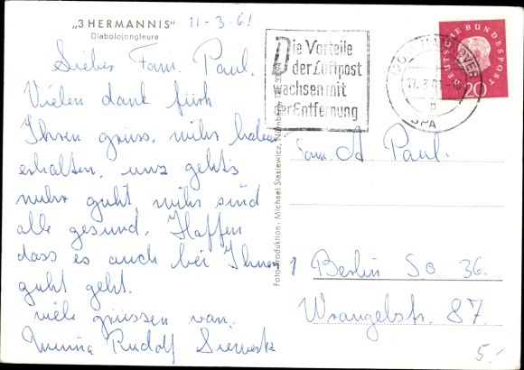 Postcard 3 Hermannis, diabolo juggler, artists, portrait