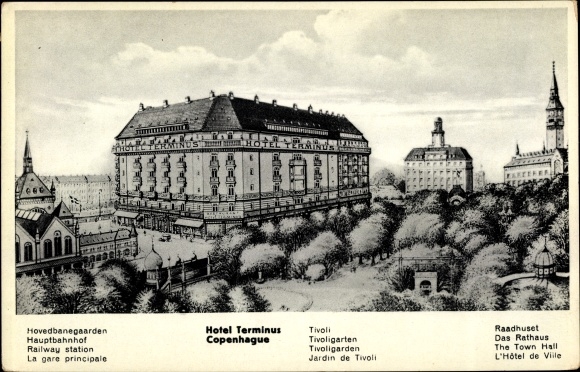 Postcard København Copenhagen Denmark, Hotel Terminus, Central Station, Tivoli Gardens, City Hall