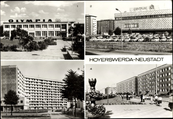 Postcard Hoyerswerda in Upper Lusatia, HO Olympia restaurant, Centrum department store, residential complex VI, IX