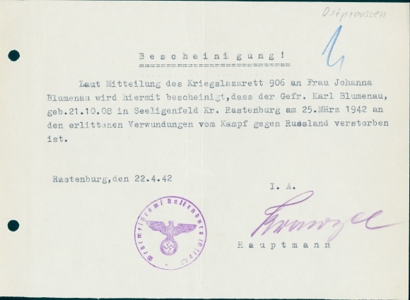 Bescheinigung, Gefr. Karl Blumenau, gestorben 25. März 1942, Seeligenfeld, Lazarett