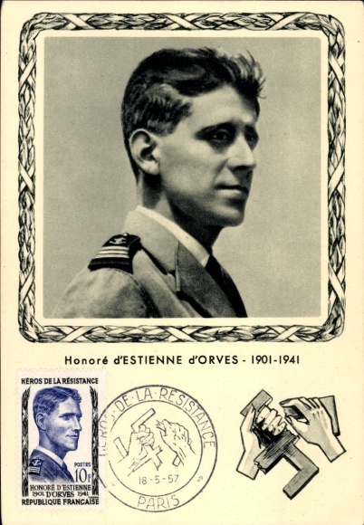 Maximum Postcard Honoré by Estienne d'Orves, hero of the Resistance, first day May 18, 1957, Paris