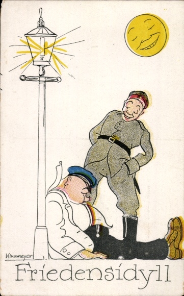 Artist Postcard Klusmeyer, Peace Idyll, Soldier, Drunk Man Sleeping by a Lantern, Moon Face