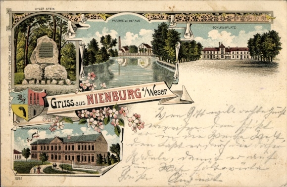 Litho Nienburg an der Weser, Schlossplatz, Baugewerkschule, Oyler Stein, Wappen