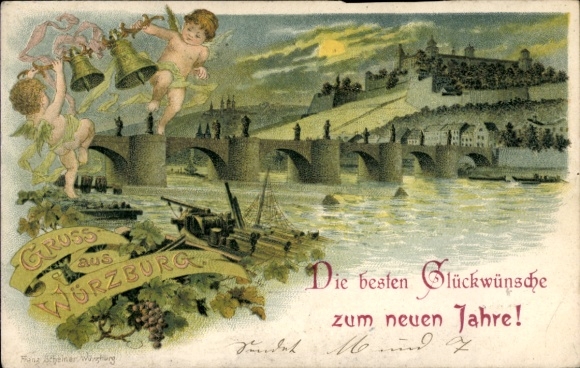 Litho Würzburg am Main Unterfranken, Gesamtansicht, Glückwunsch Neujahr, Engel, Glocken