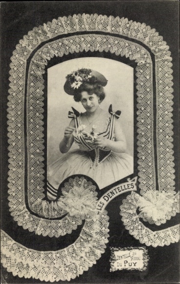 Postcard French traditional costume, lacework, woman portrait, Le Puy
