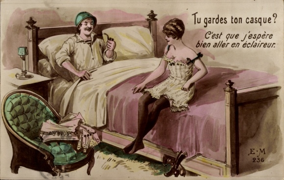Picture French soldier in bed, pipe, woman in underwear