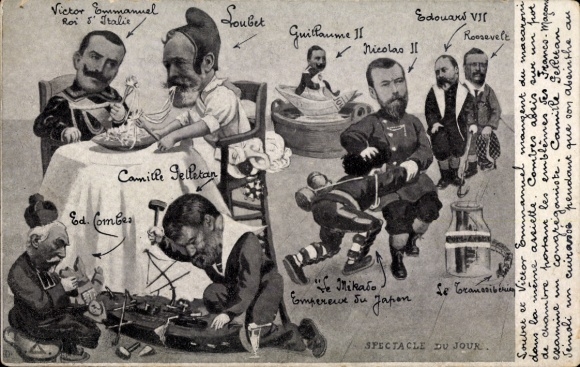 Postcard Spectacle du Jour, Loubet, Viktor Emanuel III, Nicholas II, Th. Roosevelt, Edward VII.