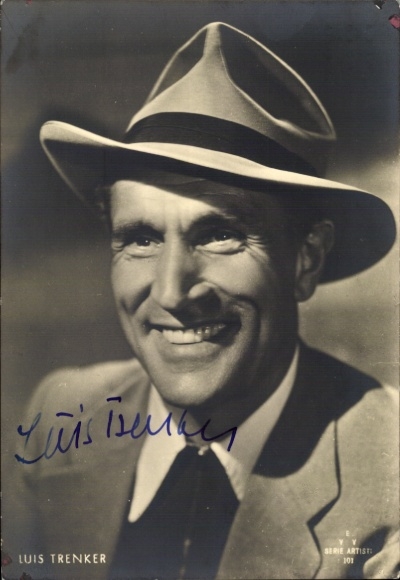 Postcard actor Luis Trenker, portrait with hat, autograph
