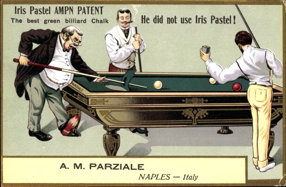 Chromo-Litho Iris Pastel green billiard chalk, AM Parziale, Naples, men playing billiards