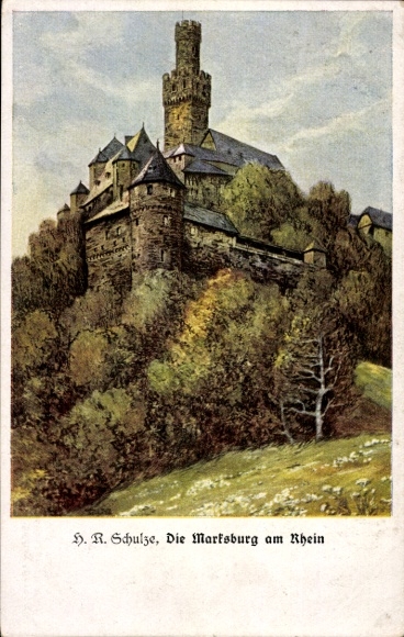 Artist Postcard Schulze, HR, Braubach Rhine, view of the Marksburg, tower