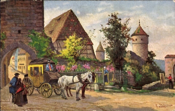 Künstler Ak Zeltner, Rothenburg ob der Tauber Mittelfranken, Klingentor, Postkutsche