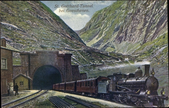 Postcard Göschenen Kanton Uri, St. Gotthard Tunnel, Swiss Railways, steam locomotive