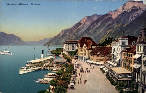 KP Brunnen Kt Schwyz, Jezioro Czterech Kantonów, jezioro, góry, statki, nadmorska promenada