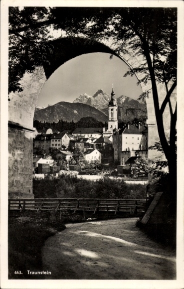 Postcard Traunstein in Upper Bavaria, partial view, church