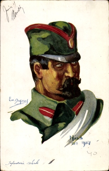 Kunstenaar Ak Dupuis, E., Franse geallieerden, soldaat van de Servische infanterie, Nisch 1914