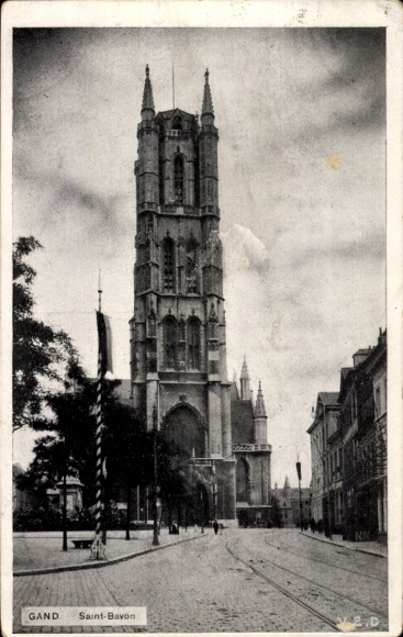 Postcard Gand Gent East Flanders, Saint-Bayon, tower, trees, street view