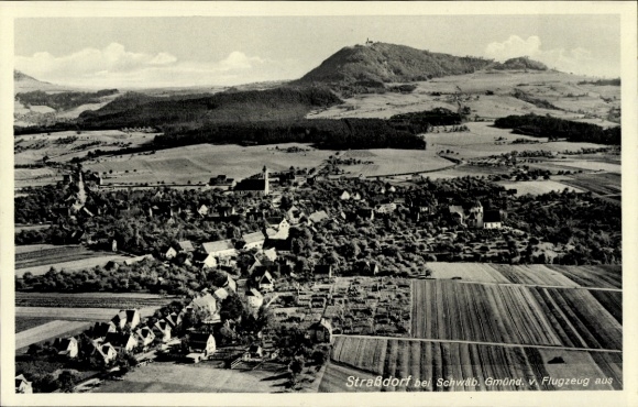 Postcard Straßdorf Schwäbisch Gmünd in Württemberg, aerial photograph, landscape with fields, hills, town
